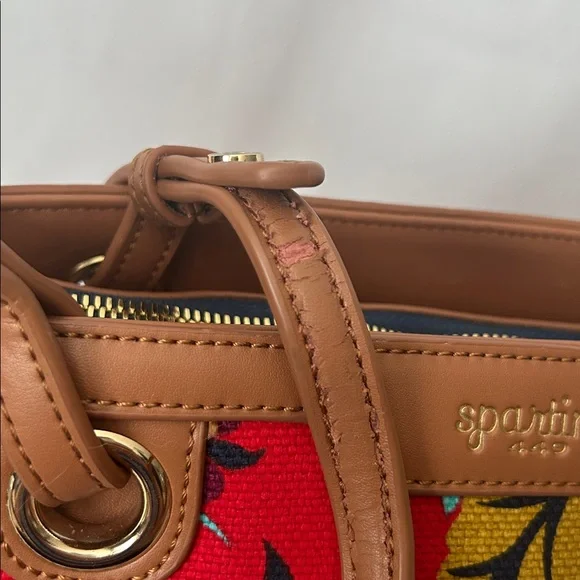 Spartina 449 Vibrant Red Floral Brown Leather Accents/Trim Tote Bag Purse 🌺🌺 - Picture 14 of 14